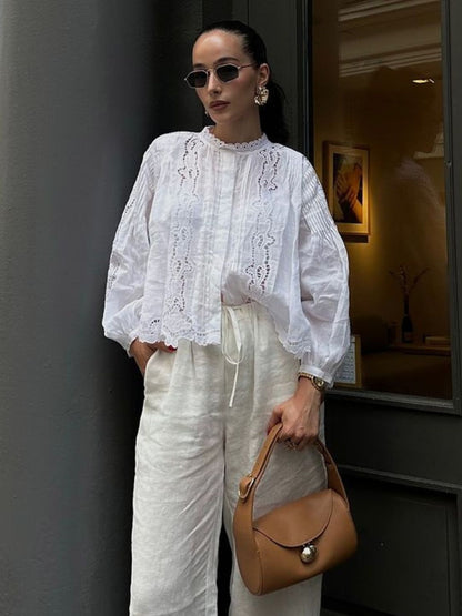 Pleated Hollow Embroidered Blouse