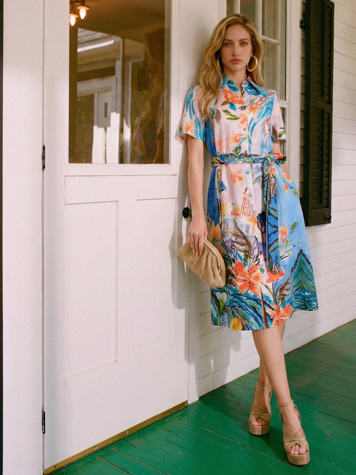 100% Linen Island Oil Print Shirt Dress