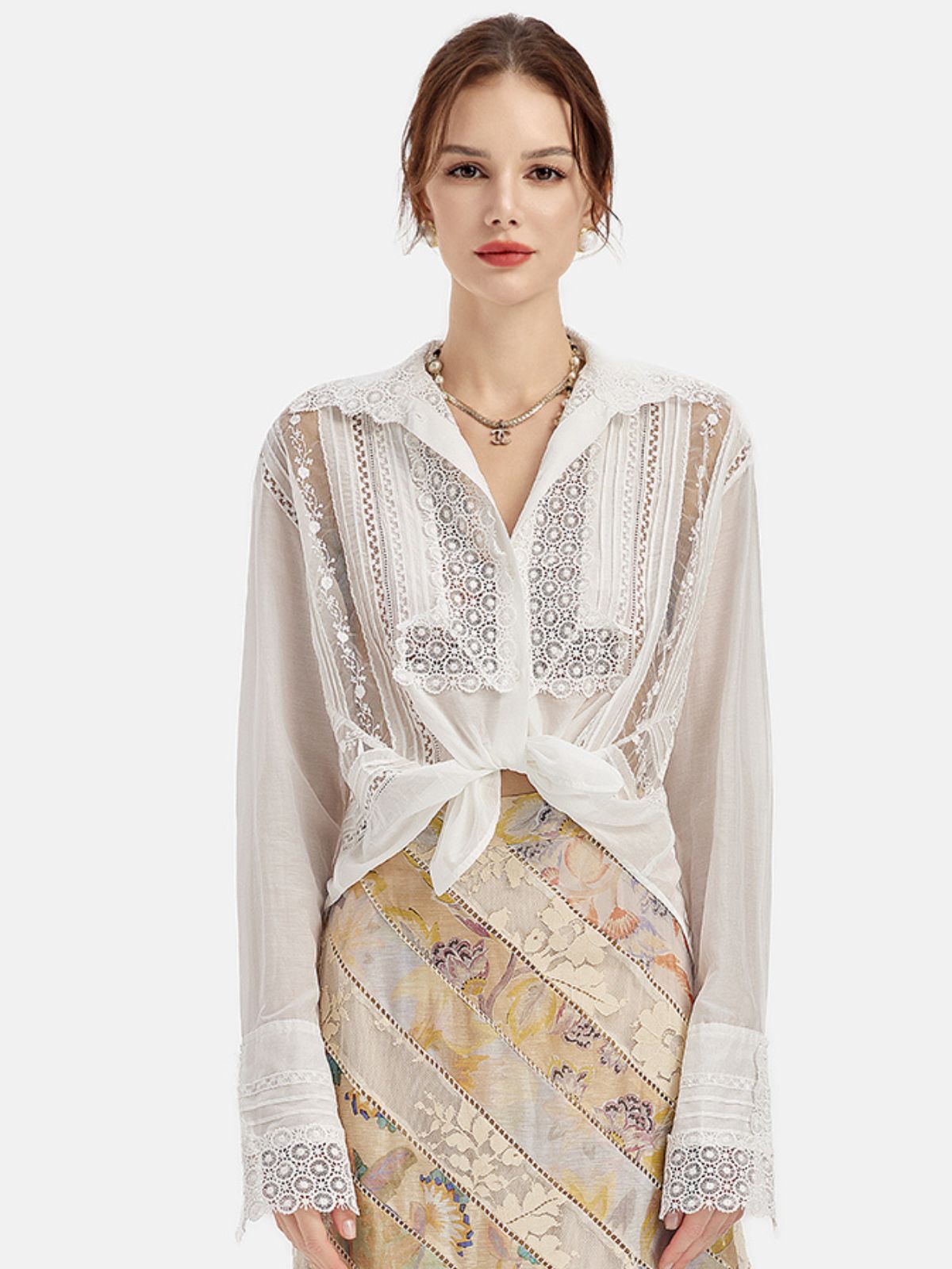 Hand-Embroidered Lace Long Sleeve Blouse