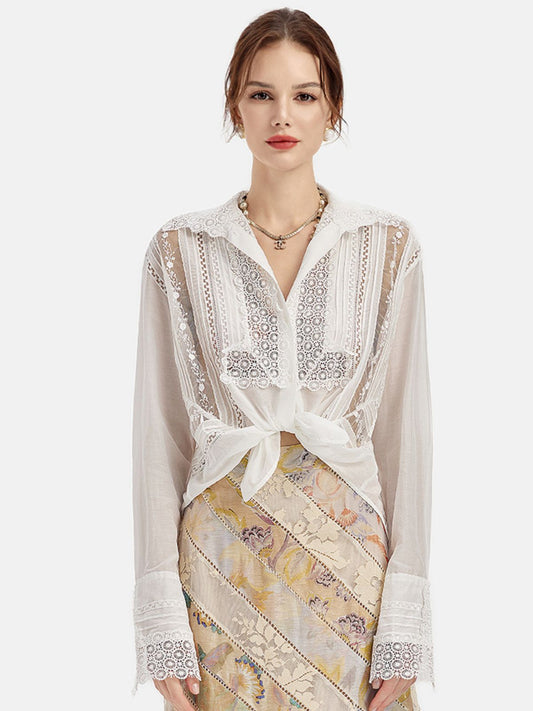 Hand-Embroidered Lace Long Sleeve Blouse