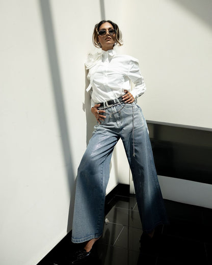 Three-dimensional Pleated Floral Cotton Shirt