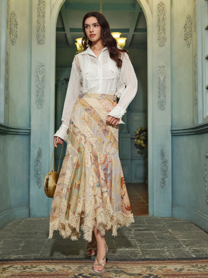 Hand-Embroidered Lace Long Sleeve Blouse