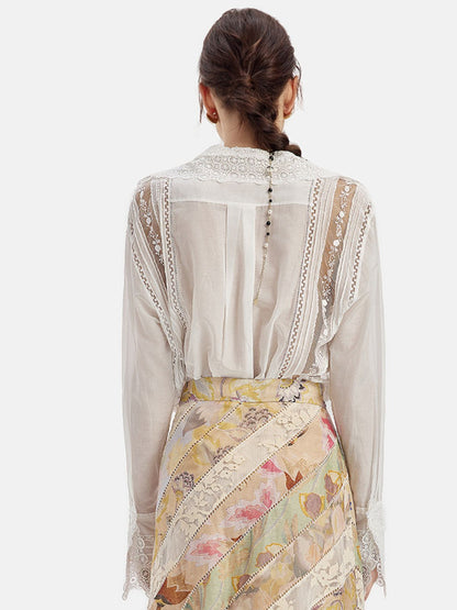 Hand-Embroidered Lace Long Sleeve Blouse