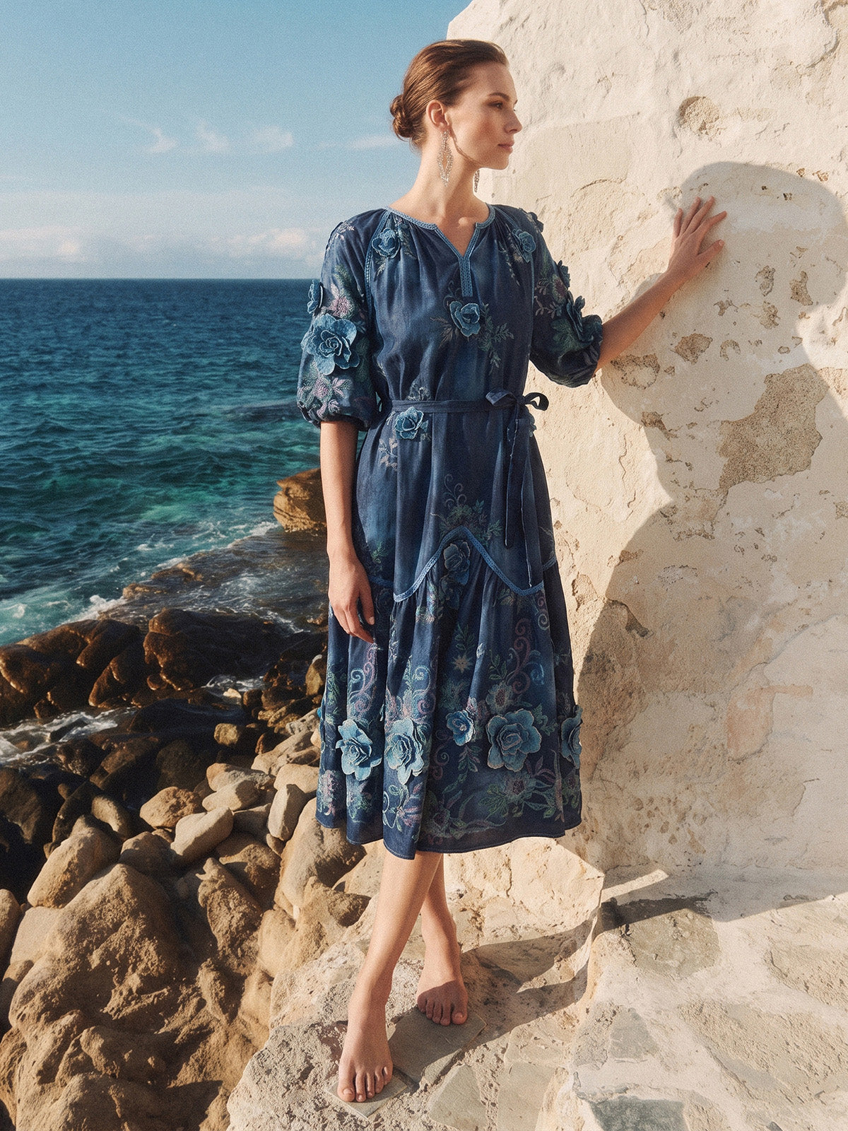 3D Hand-Embroidered Floral Dyed Dress