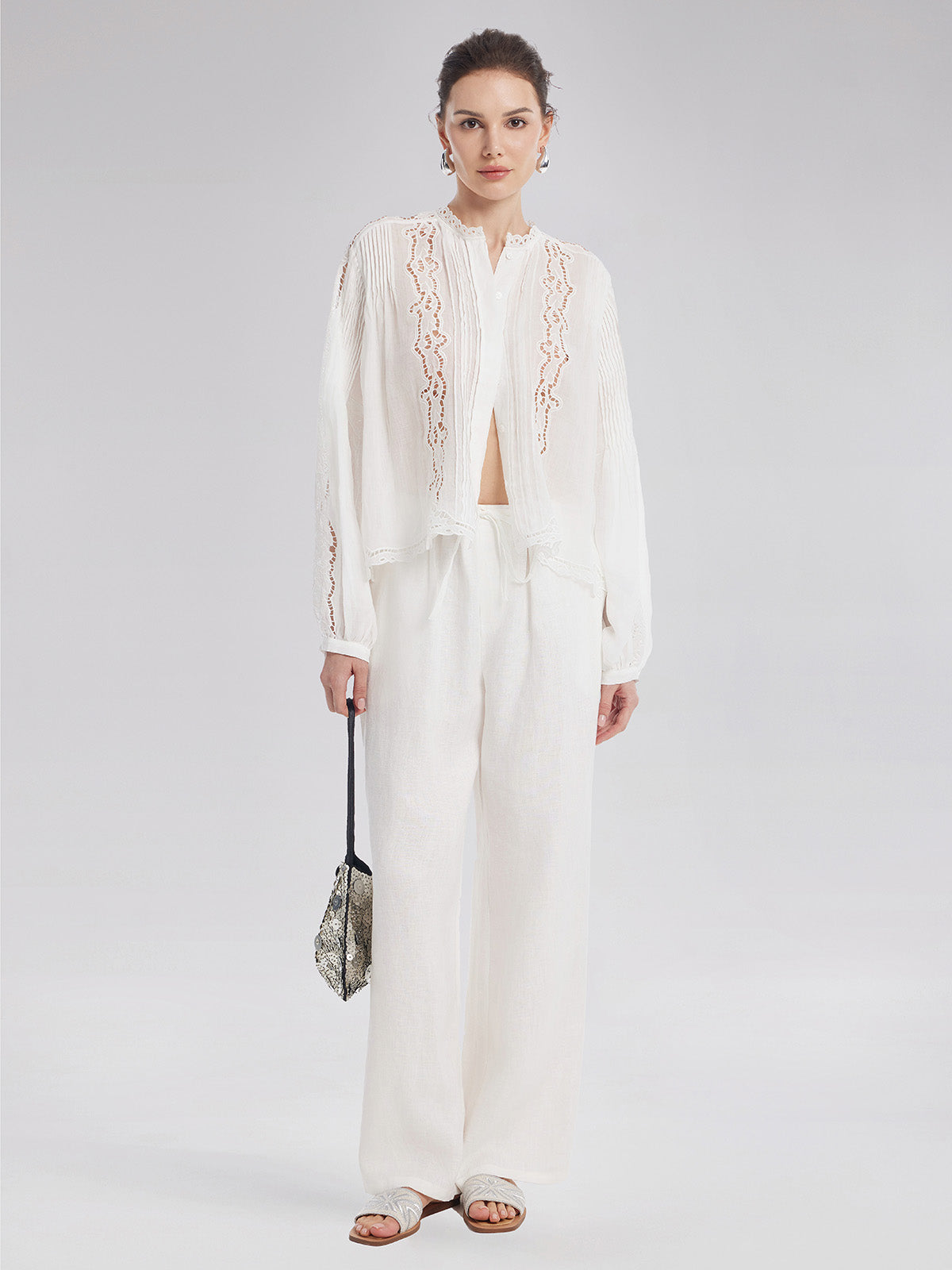 Pleated Hollow Embroidered Blouse