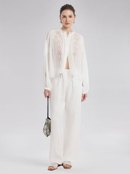Pleated Hollow Embroidered Blouse