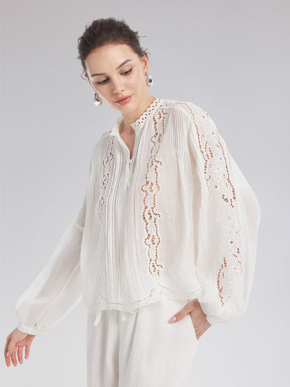 Pleated Hollow Embroidered Blouse