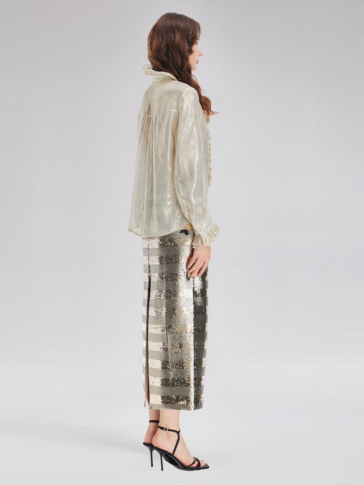 Silk Metallic-Sheen Pleated Shirt