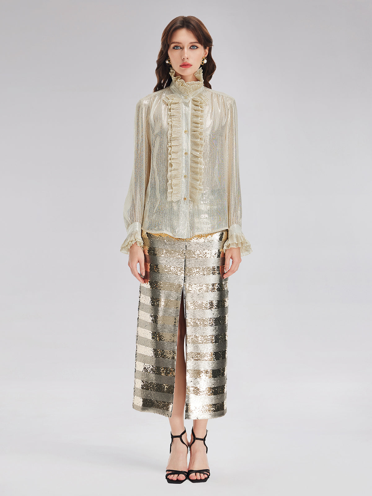 Silk Metallic-Sheen Pleated Shirt