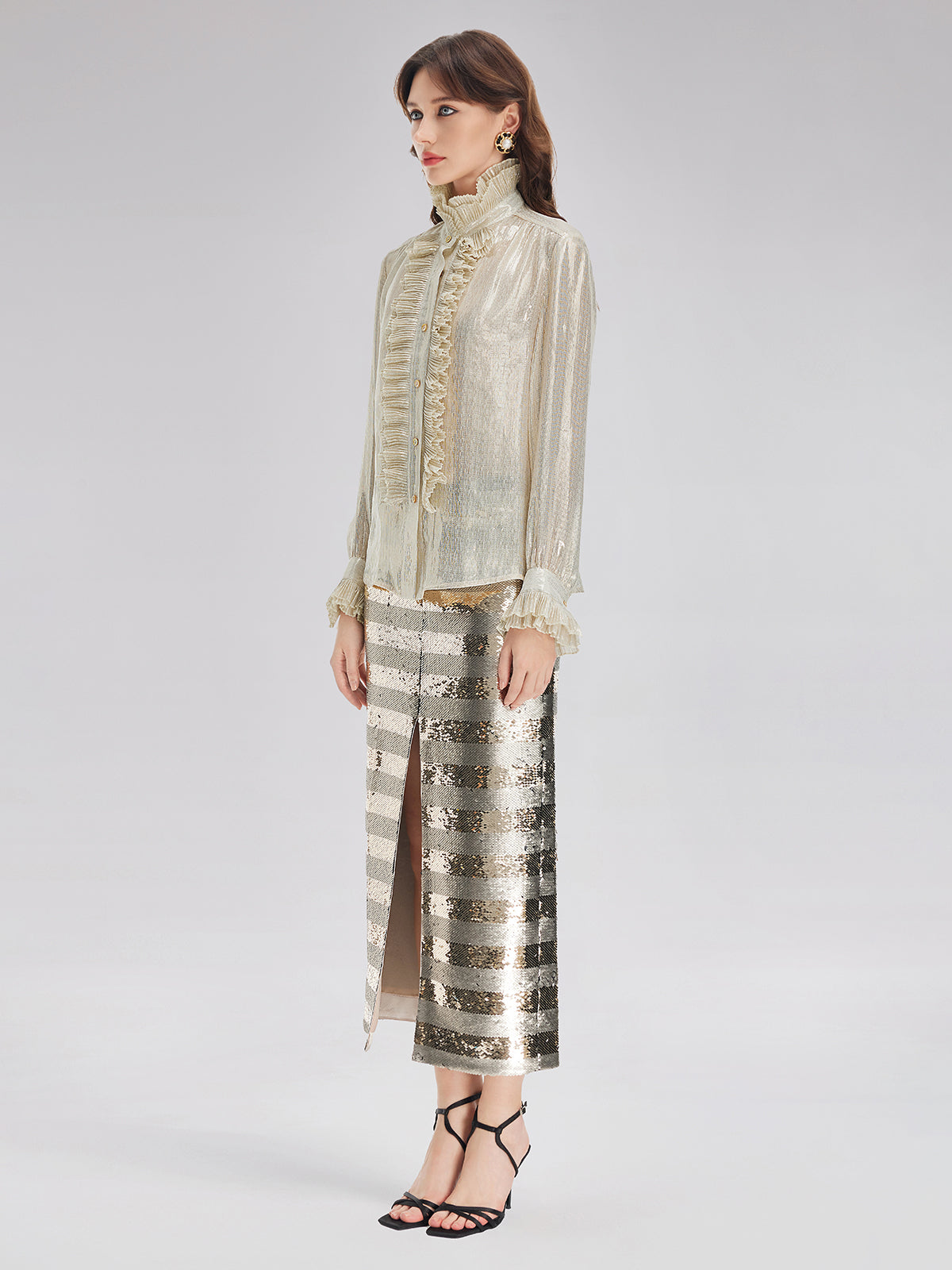 Silk Metallic-Sheen Pleated Shirt
