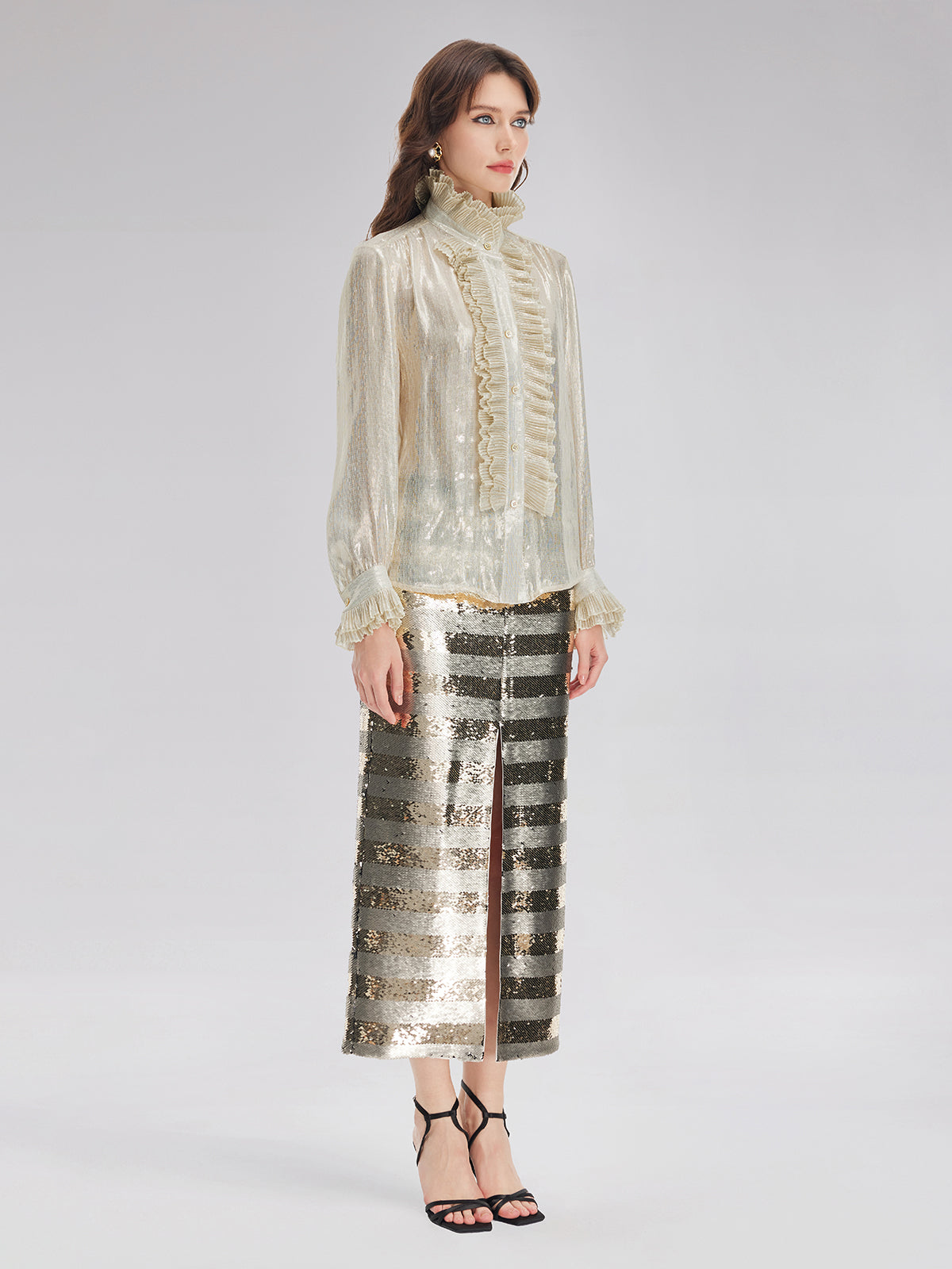 Silk Metallic-Sheen Pleated Shirt