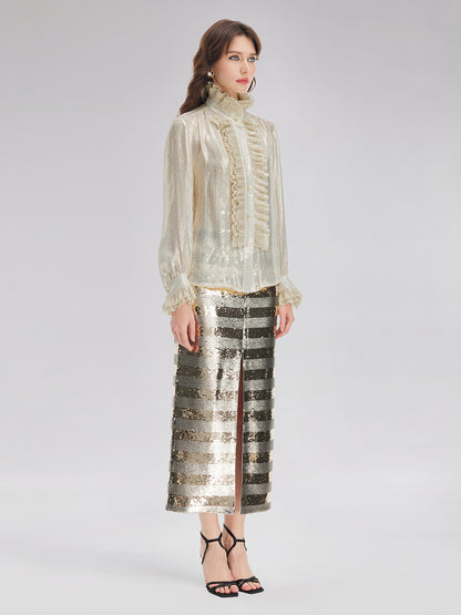 Silk Metallic-Sheen Pleated Shirt