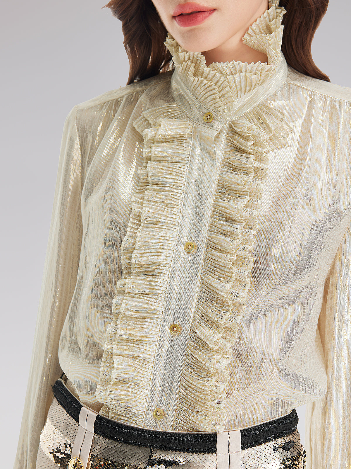 Silk Metallic-Sheen Pleated Shirt