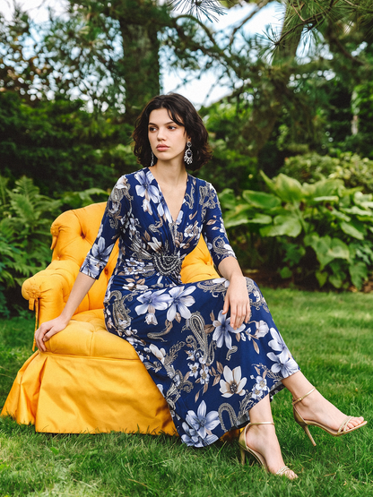 Ice-Silk Knit Beaded-Waist Floral Paisley Dress
