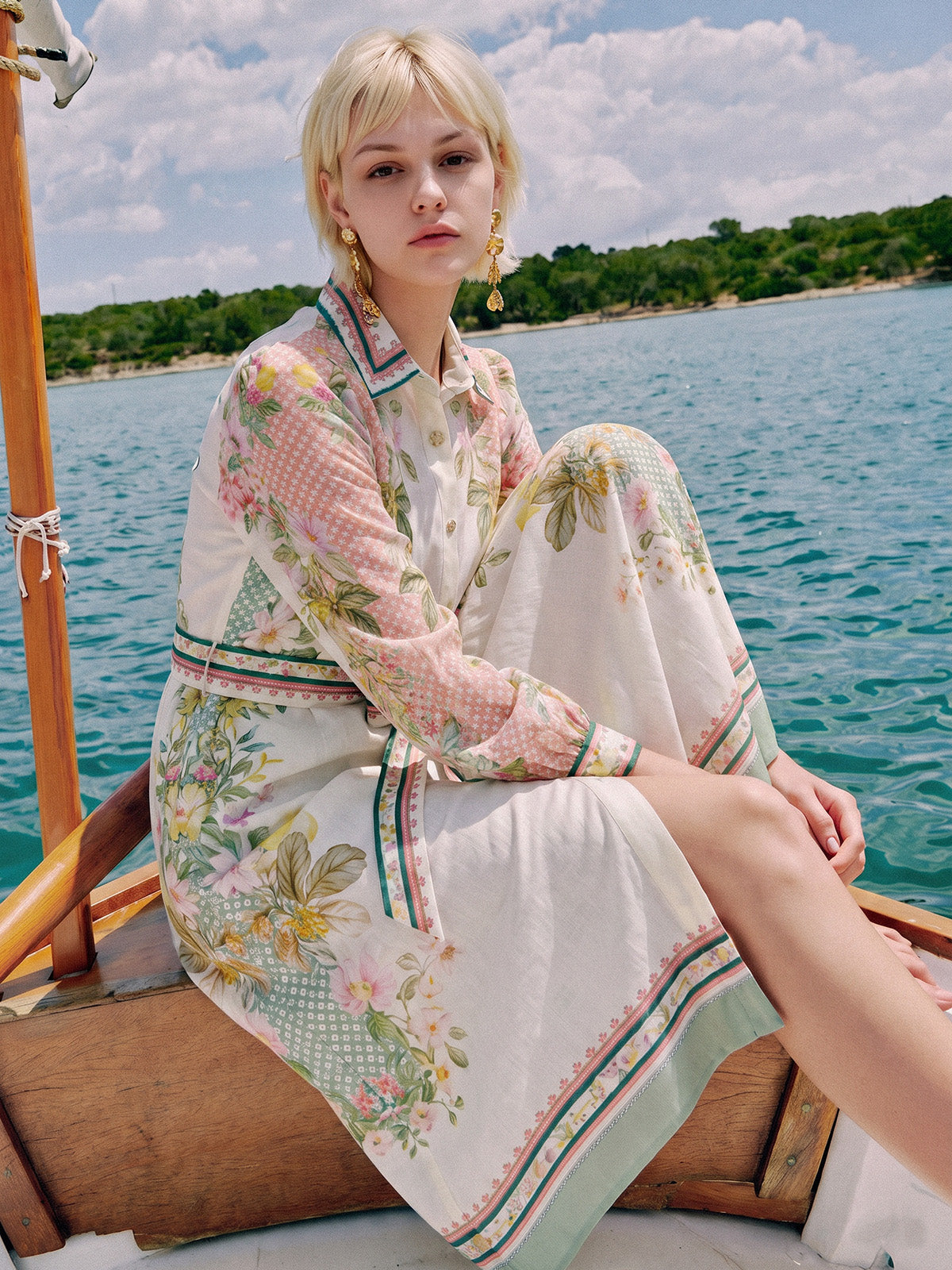 Ramie Floral Polka Dot Patchwork Lapel Button Shirt Dress