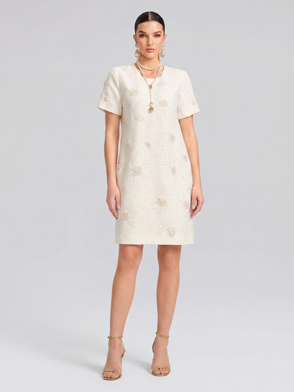 Floral Embroidery Hand-Beaded Dress (Belt Not Included)