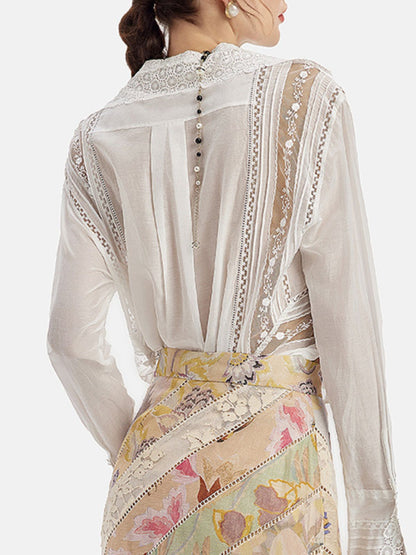 Hand-Embroidered Lace Long Sleeve Blouse