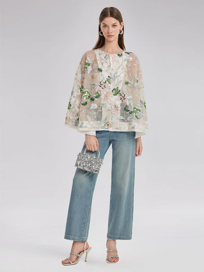 Sequin Floral Embroidered Shirt