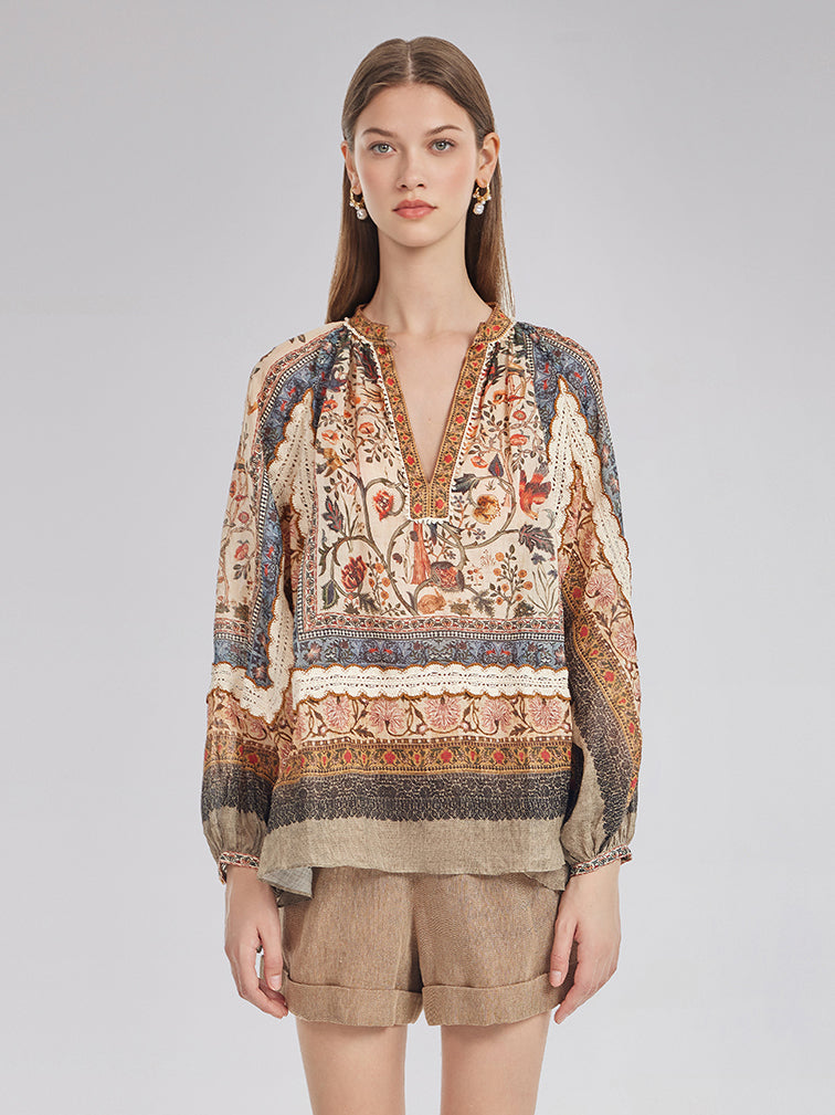 Ramie Print Lace Shirt