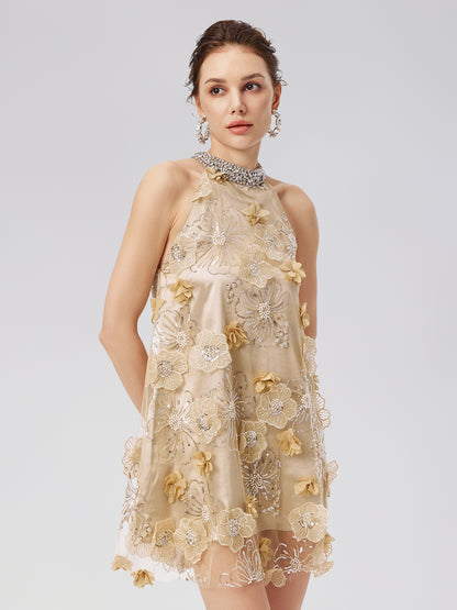 Diamond Embossed Floral Embroidered Dress - Star Queen