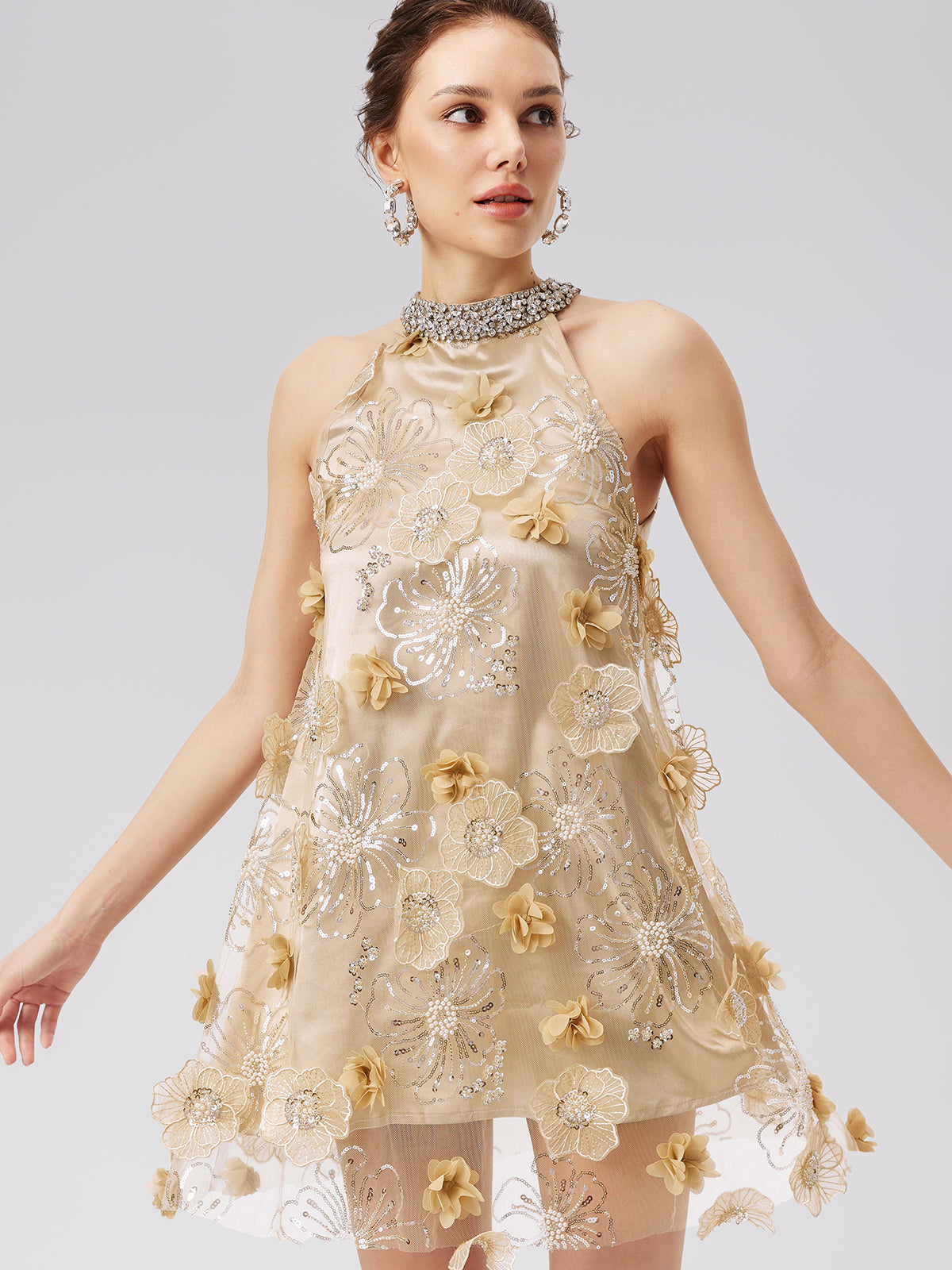 Diamond Embossed Floral Embroidered Dress - Star Queen
