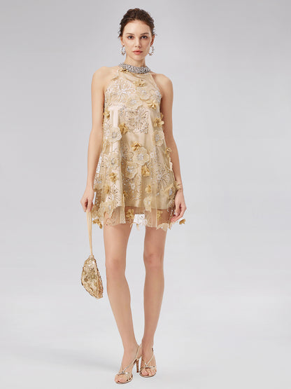 Diamond Embossed Floral Embroidered Dress - Star Queen