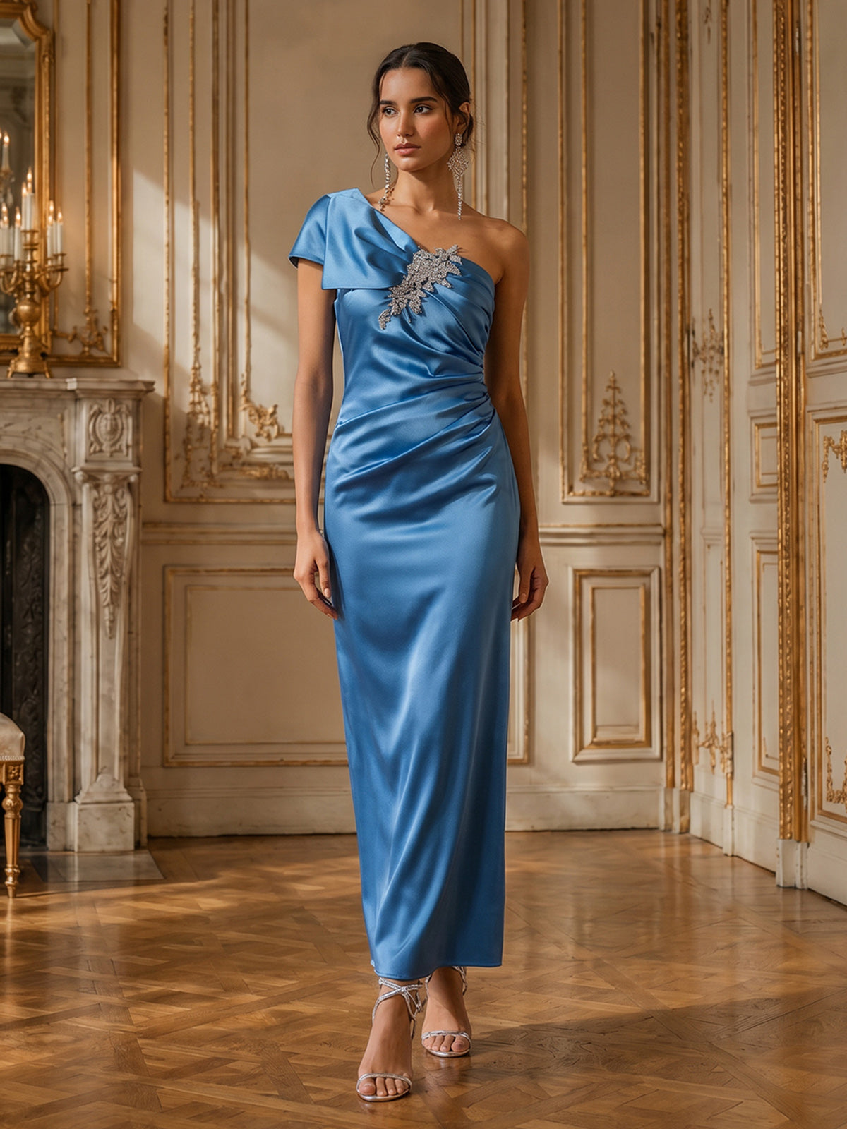 Beaded Satin Draped Waist Evening Dress
