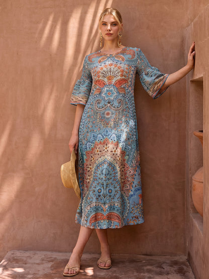 Pleated Beaded Floral Print Dress