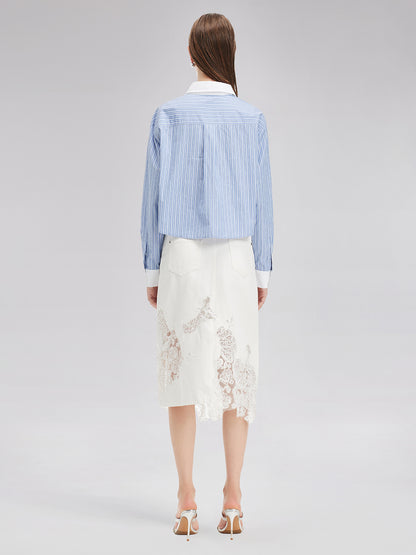 Lace Embroidery Patchwork Denim Midi Skirt
