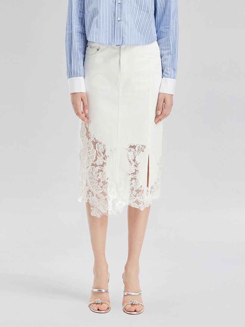 Lace Embroidery Patchwork Denim Midi Skirt