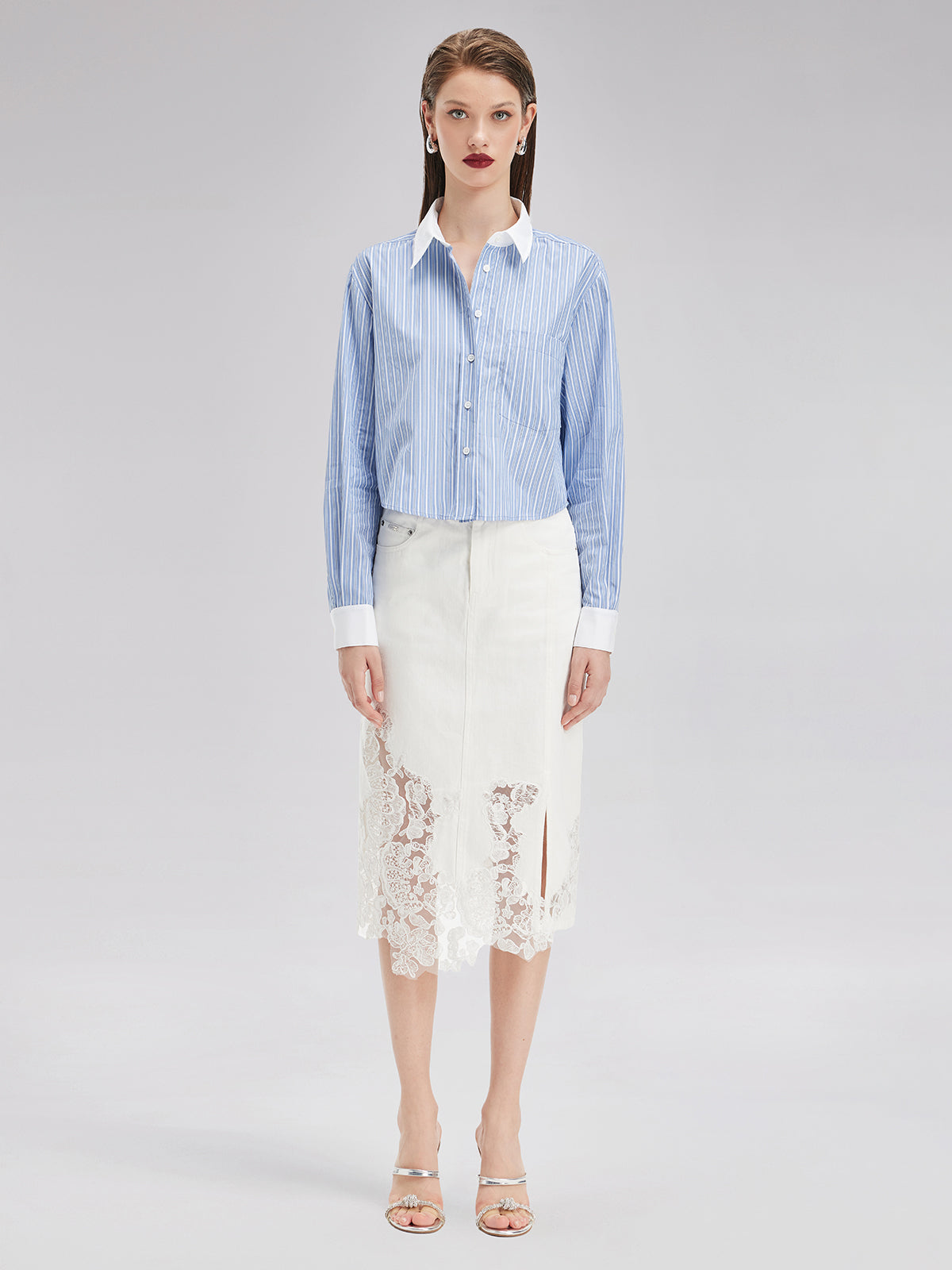 Lace Embroidery Patchwork Denim Midi Skirt