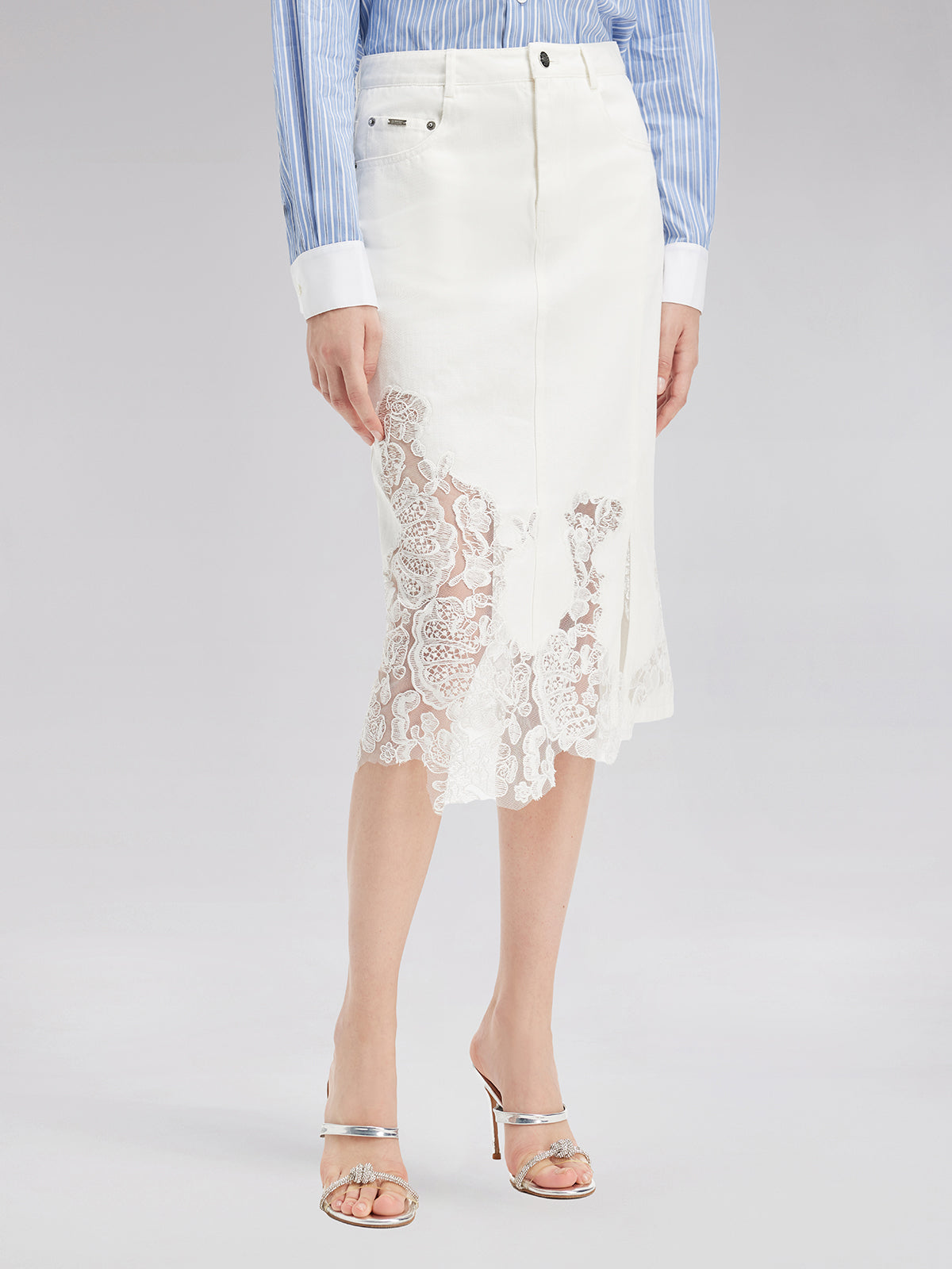 Lace Embroidery Patchwork Denim Midi Skirt