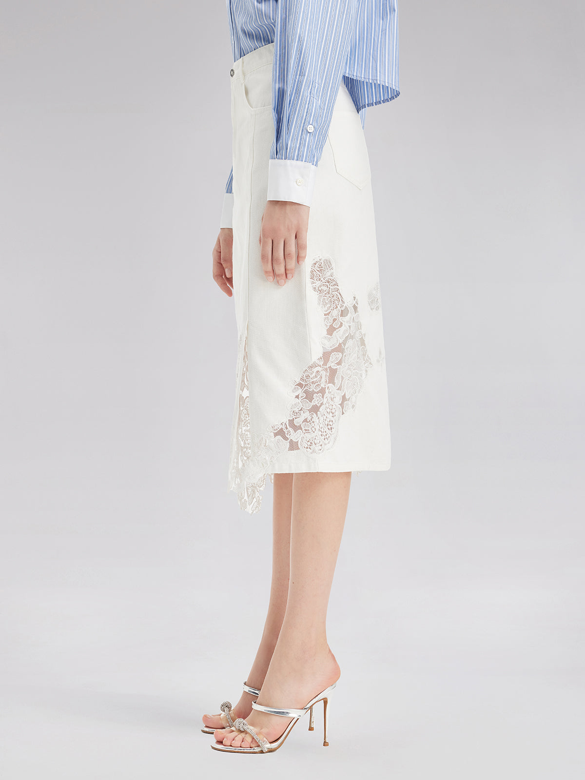 Lace Embroidery Patchwork Denim Midi Skirt