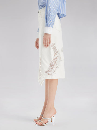 Lace Embroidery Patchwork Denim Midi Skirt