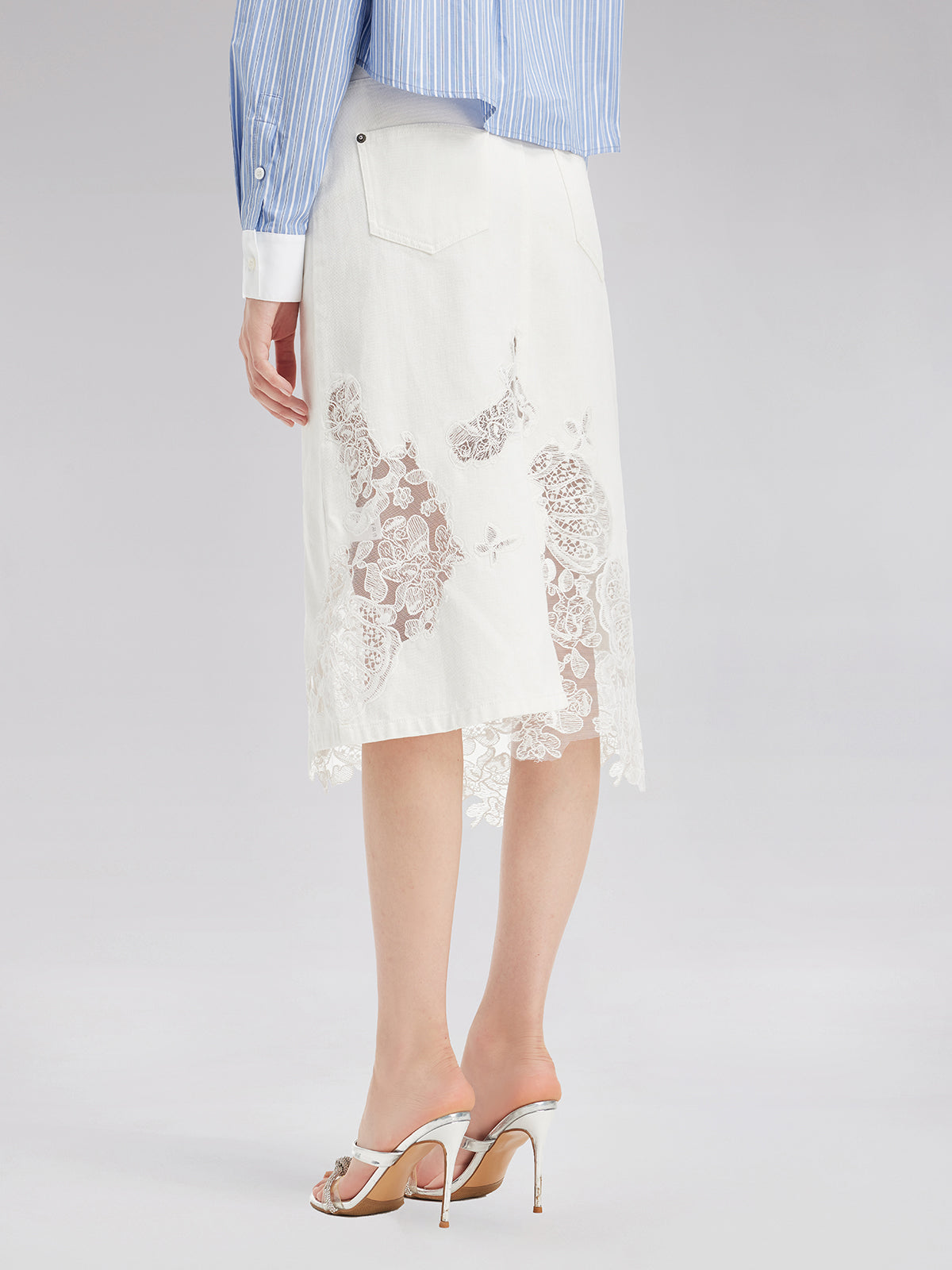 Lace Embroidery Patchwork Denim Midi Skirt