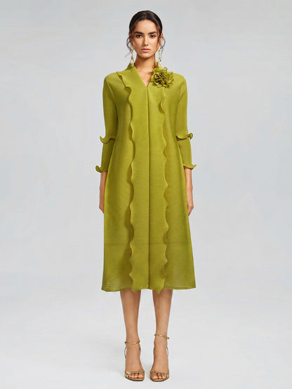 Ruffle Pleated Floral Brooch 3/4-Sleeve Gown