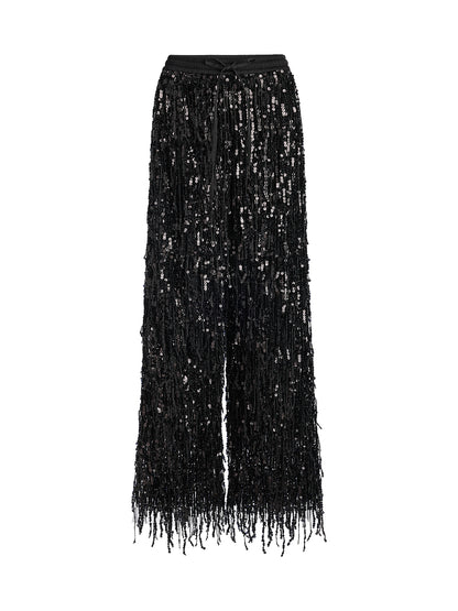 Sequin Fringe Elastic-Waist Pants