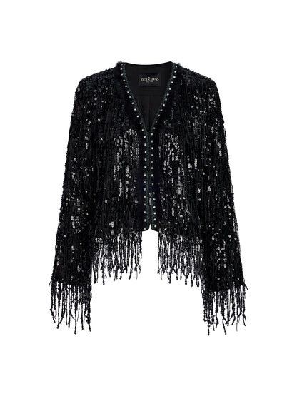 Sequined Beaded Fringe Cropped Jacket