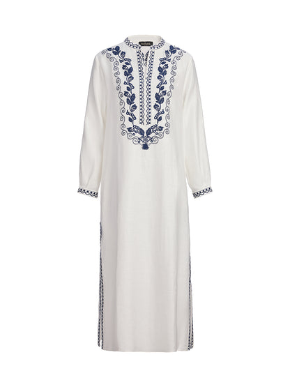 French Ramie Color-block Embroidered Dress