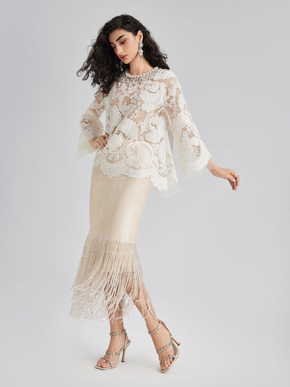 Sequin Crystal Fringe Split Skirt
