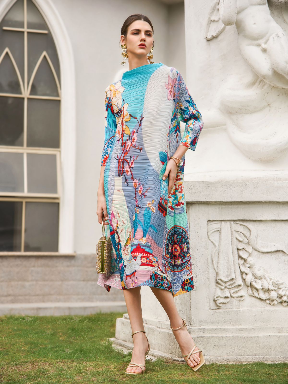 Artistic Print Pleated High Neck Dress - Wedding Dress Code