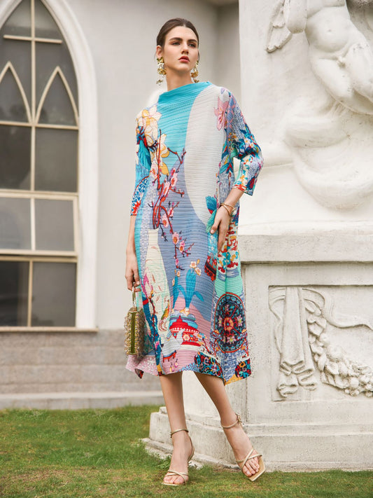 Artistic Print Pleated High Neck Dress - Wedding Dress Code