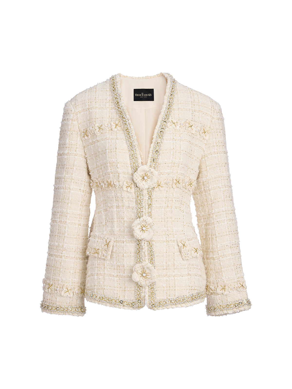 Two-Tone Check Tweed Hand-Beaded Floral Jacket (Matching Scrunchie Included)