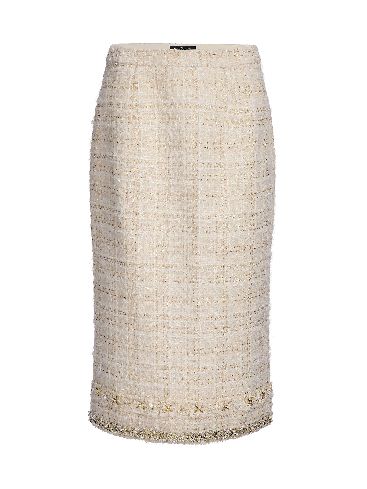 Two-Tone Check Tweed Hand-Beaded Floral Skirt