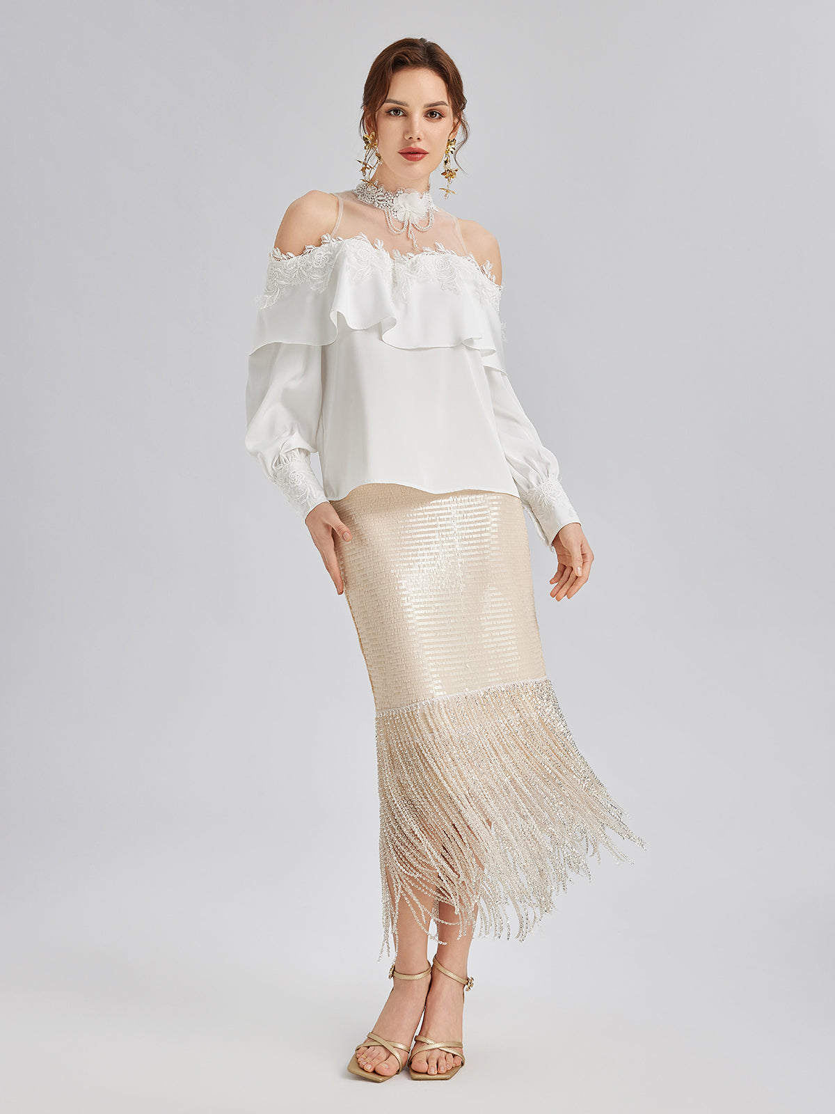 Sequin Crystal Fringe Split Skirt