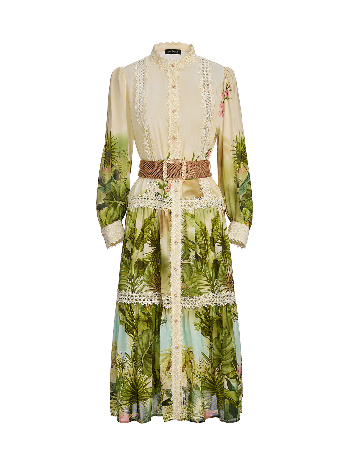 Final Sale | Tropical-Print Silk-Cotton Lace-Trim Dress (Two Belts Included)