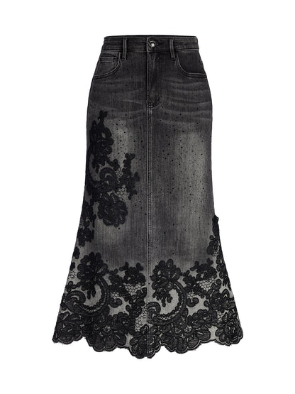 New Embroidered Rhinestone Denim Skirt