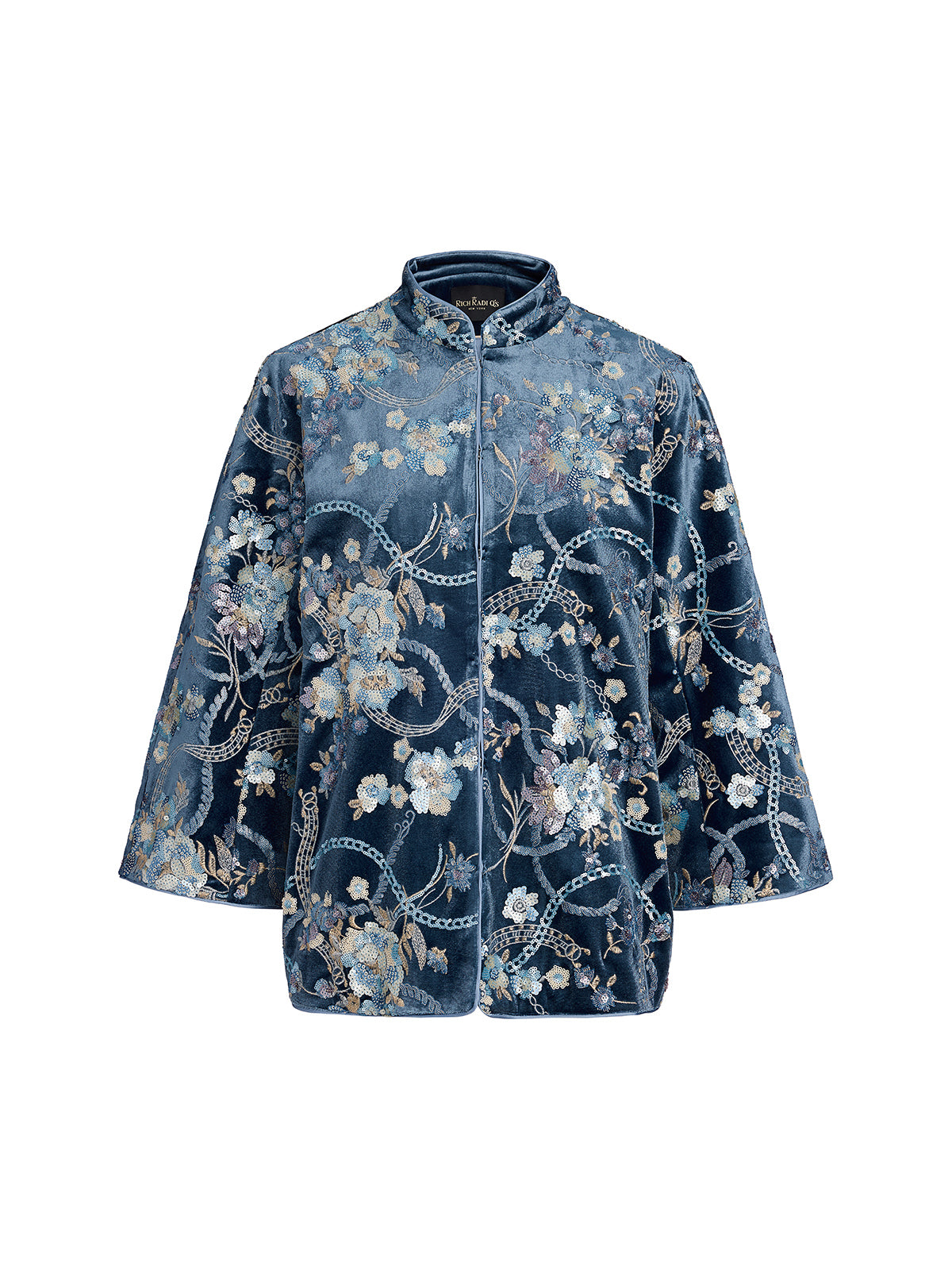 Floral Sequin Embroidered 3/4 Sleeve Velvet Jacket