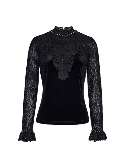 Hand-Beaded Sequin Lace & Velvet Panel Top