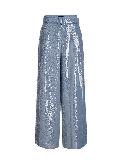Sequin Belted Wide-Leg Pants